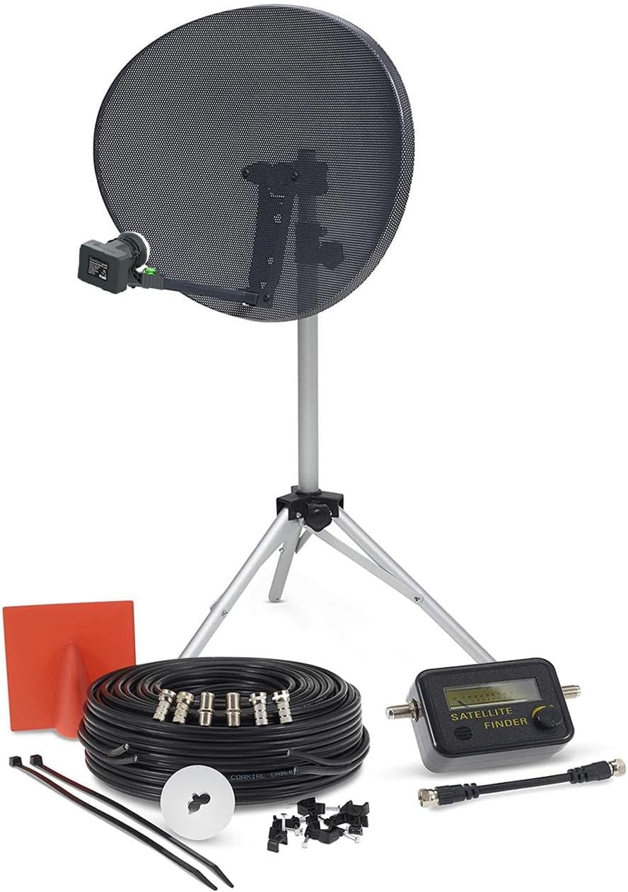 SSL Satellites Portable Satellite Zone 2 80cm RV Dish Kit Camping Tailgating with Quad Tripod & Sat Finder 10M RG6 Black