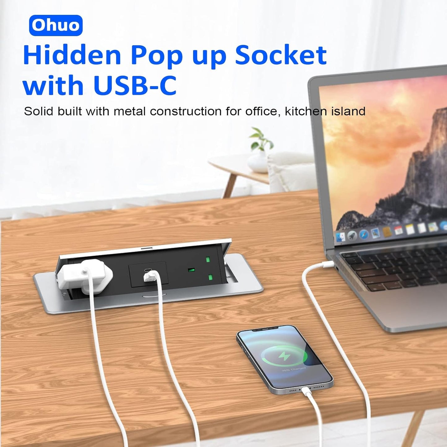Recessed Desk Power Socket USB C, Ohuo Pop up Sockets for Worktops Hidden Desktop Power Strip with 2 USB, Aluminum