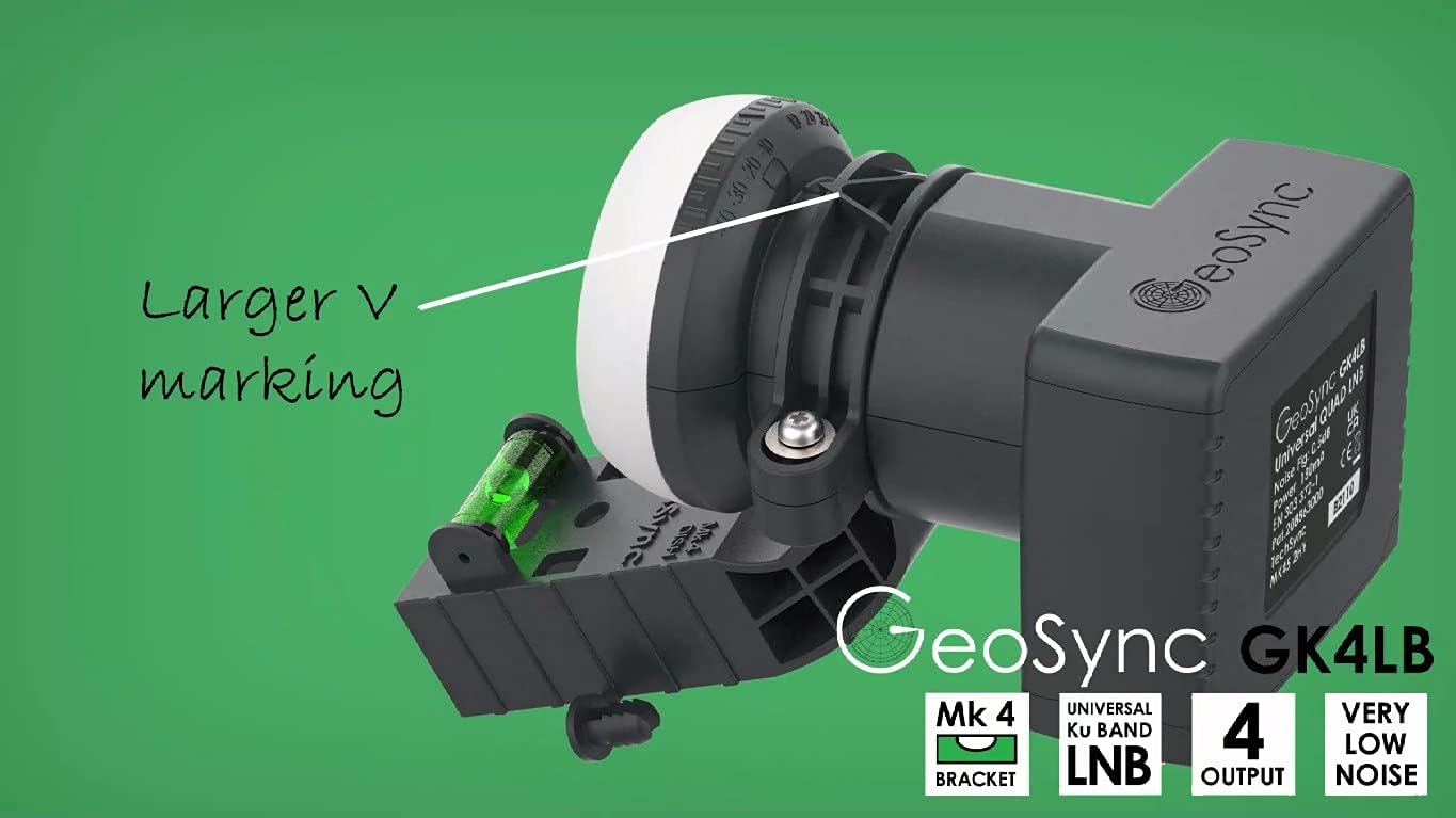 GeoSync Universal Quad 4 Output LNB for Satellite Dish Freesat SKY HD TV Satellite Receiver for MK4 Zone Dishes Feed Horn Design with Spirit Level Bracket
