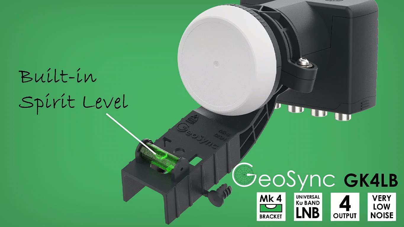 GeoSync Universal Quad 4 Output LNB for Satellite Dish Freesat SKY HD TV Satellite Receiver for MK4 Zone Dishes Feed Horn Design with Spirit Level Bracket