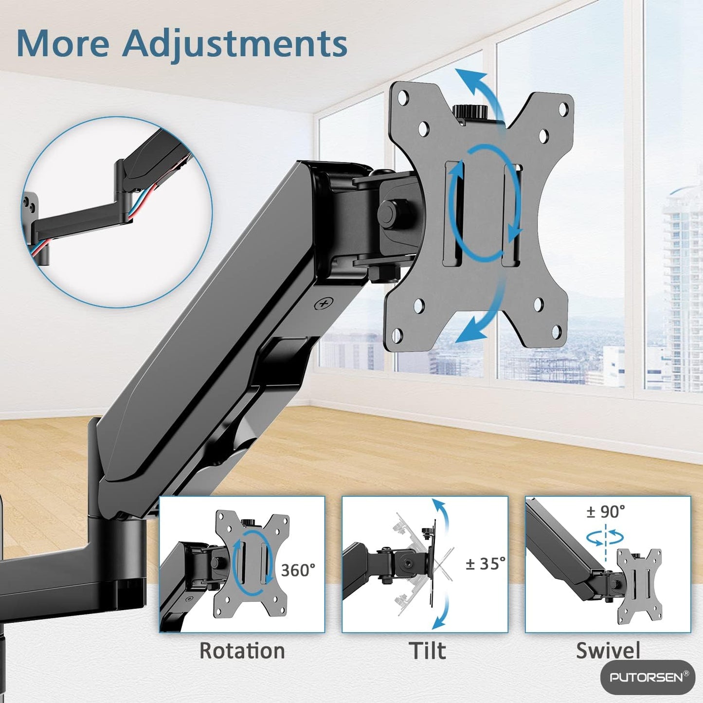 Monitor Arm Wall Mount Bracket for 17-32 inch Monitor & Small TV, Height Adjustable Gas Spring Single Wall Monitor Arm, Tilt Swivel Rotate, Load Weight 2.2 to 19.8lbs, Next day delivery