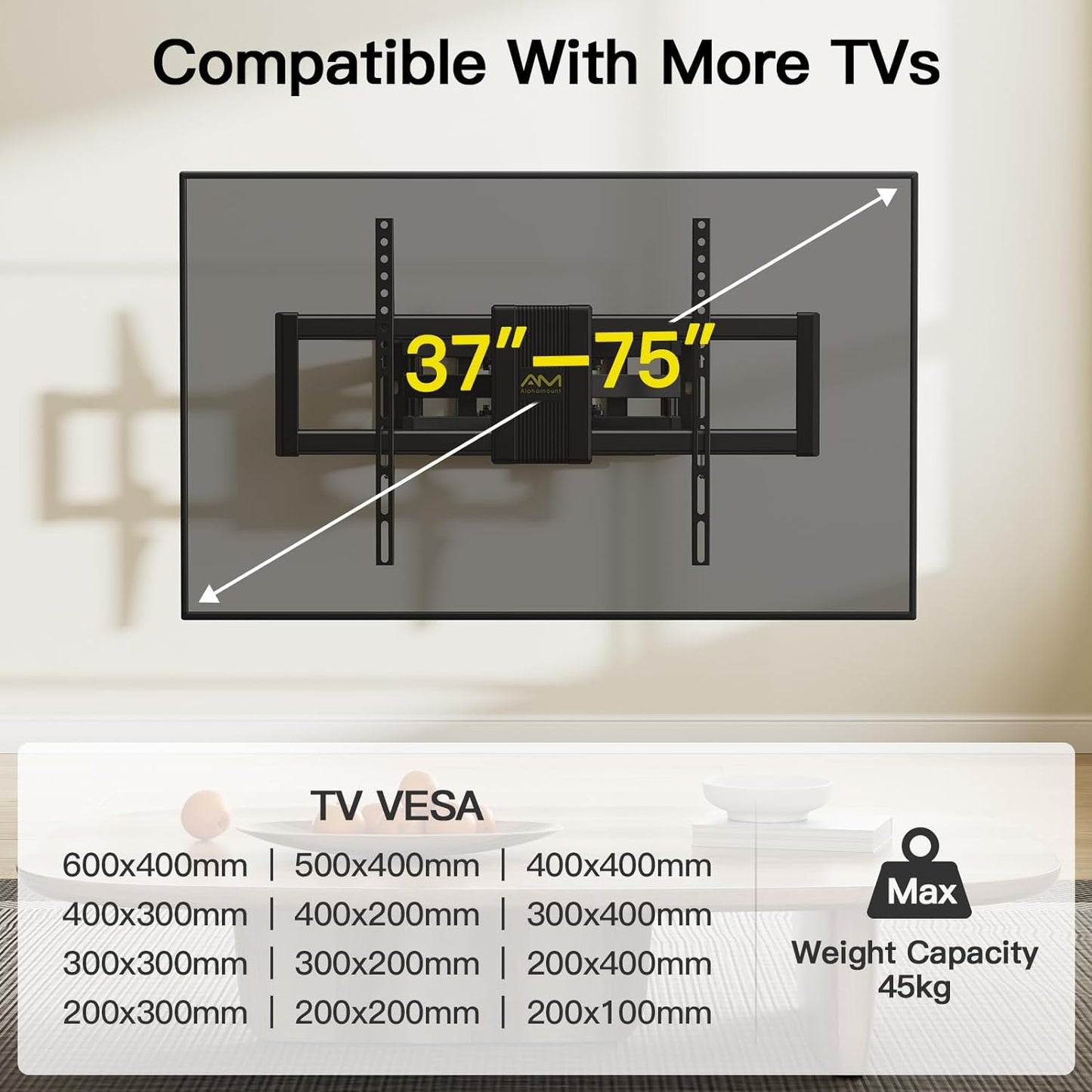 TV Wall Bracket for Most 37 to 75 Inch 4K LED & OLED TVs up to 45kg, TV Bracket with Dual Articulating Arms, Swivel, Extension & Tilt, TV Wall Mount with Max VESA 600x400mm