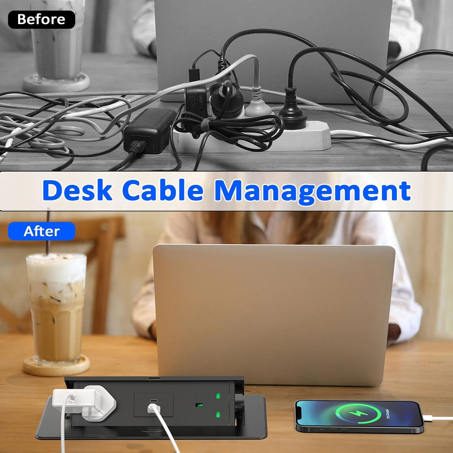 Recessed Desk Power Socket USB C, Ohuo Pop up Sockets for Worktops Hidden Desktop Power Strip with 2 USB, Aluminum